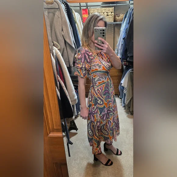 Tyler Boe Womens Dress Size Small Silk Purple And Orange Paisley Puff Sleeves - Picture 3 of 16